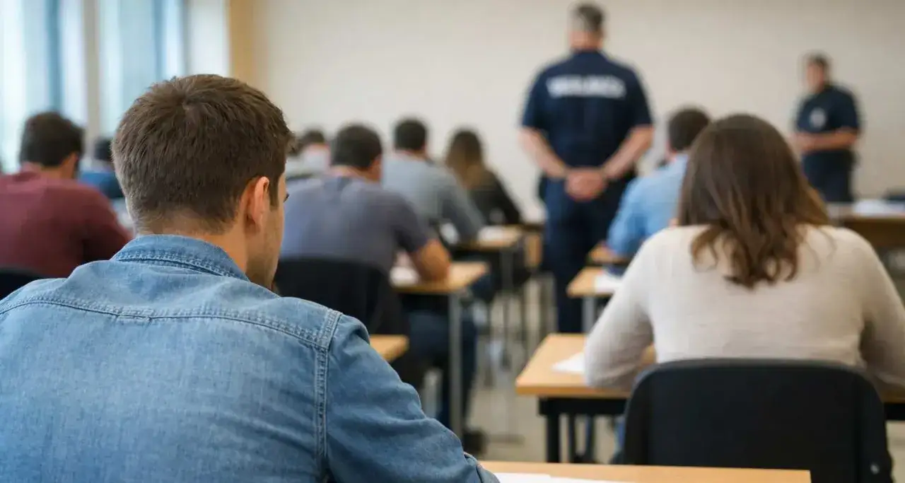 Aula d'esame per il concorso Corte dei Conti. Candidati concentrati, sorvegliati da un esaminatore.