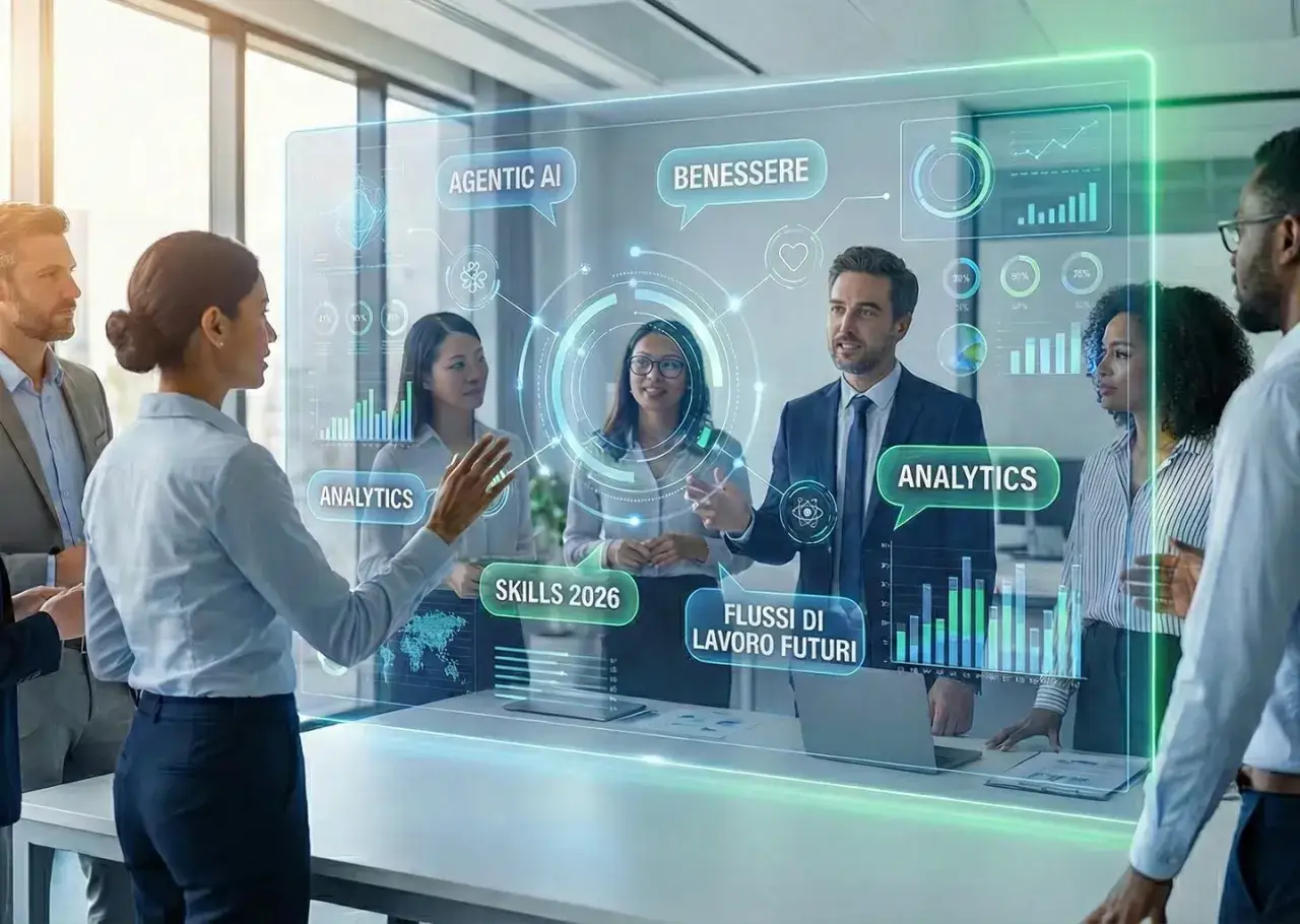 Team discute i trend HR: AI, benessere, analytics, skills 2026 e flussi di lavoro futuri su un'interfaccia olografica.