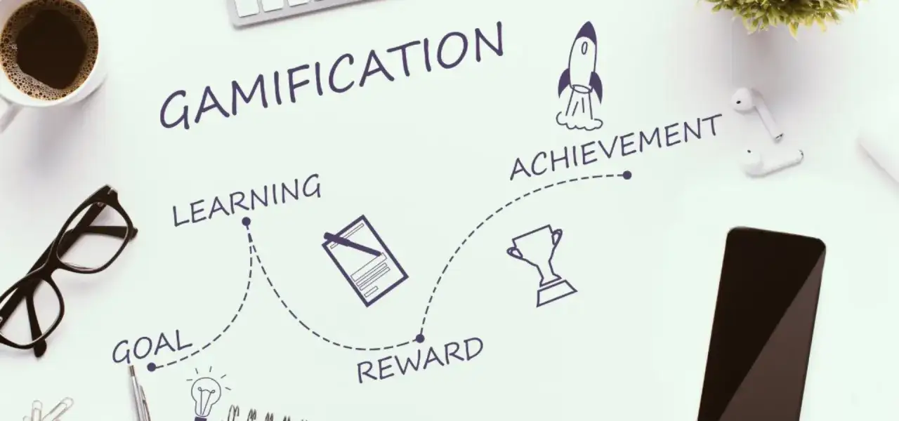 Schema di gamification in azienda: obiettivo, apprendimento, ricompensa e raggiungimento con razzo e trofeo.