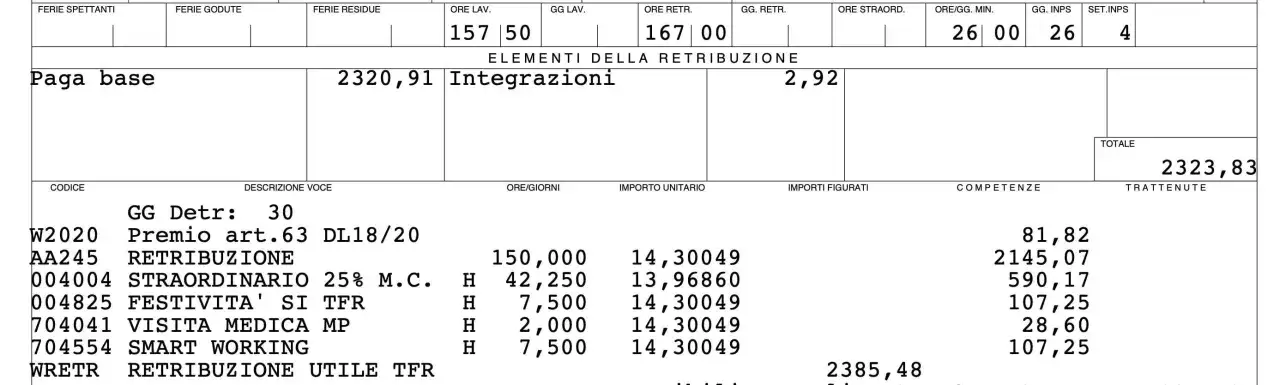 Busta paga con dettagli su paga base, integrazioni e voci retributive. Illustra come funziona la banca ore con ore lavorate e trattenute.