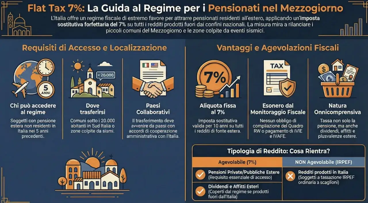Guida alla Flat Tax 7% per pensionati esteri in Italia: agevolazioni per assunzione di un pensionato, requisiti, vantaggi e redditi inclusi.