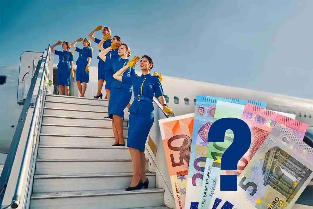 Hostess di terra in divisa blu salgono le scale di un aereo, con banconote in euro e un punto interrogativo che suggeriscono dubbi sullo stipendio.