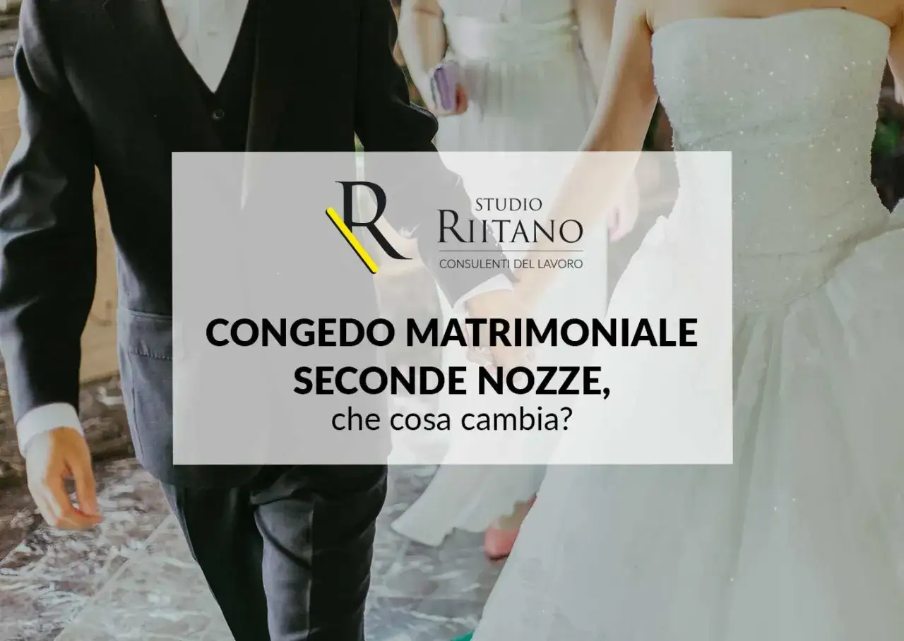 Coppia in abiti eleganti, con testo su congedo matrimoniale ccnl commercio e seconde nozze.