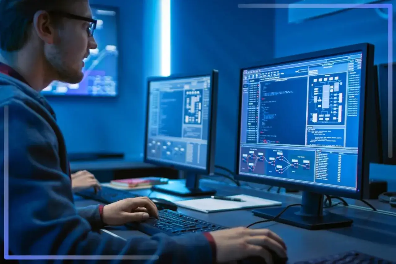 Un data analyst analizza dati complessi su pi&ugrave; schermi, immerso in un ambiente blu.