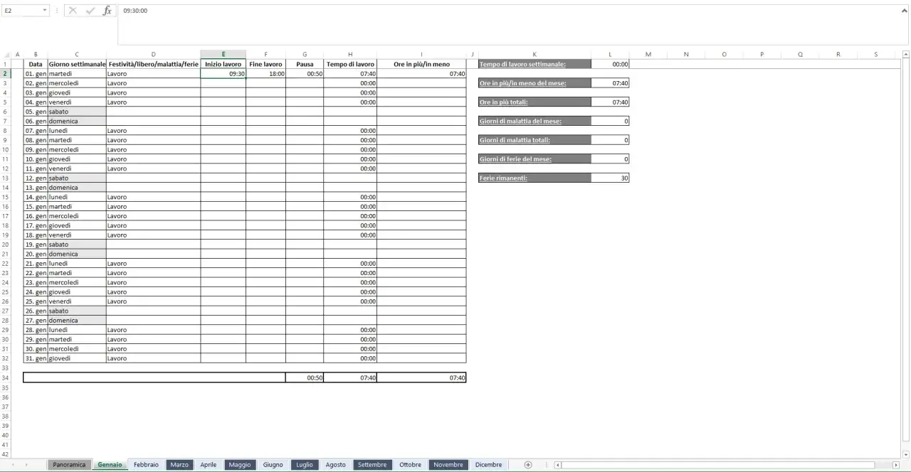 Foglio di calcolo per il timesheet cos'&egrave;: registra giorni lavorativi, orari, pause e ore in pi&ugrave;/meno. Riepilogo mensile e ferie residue.