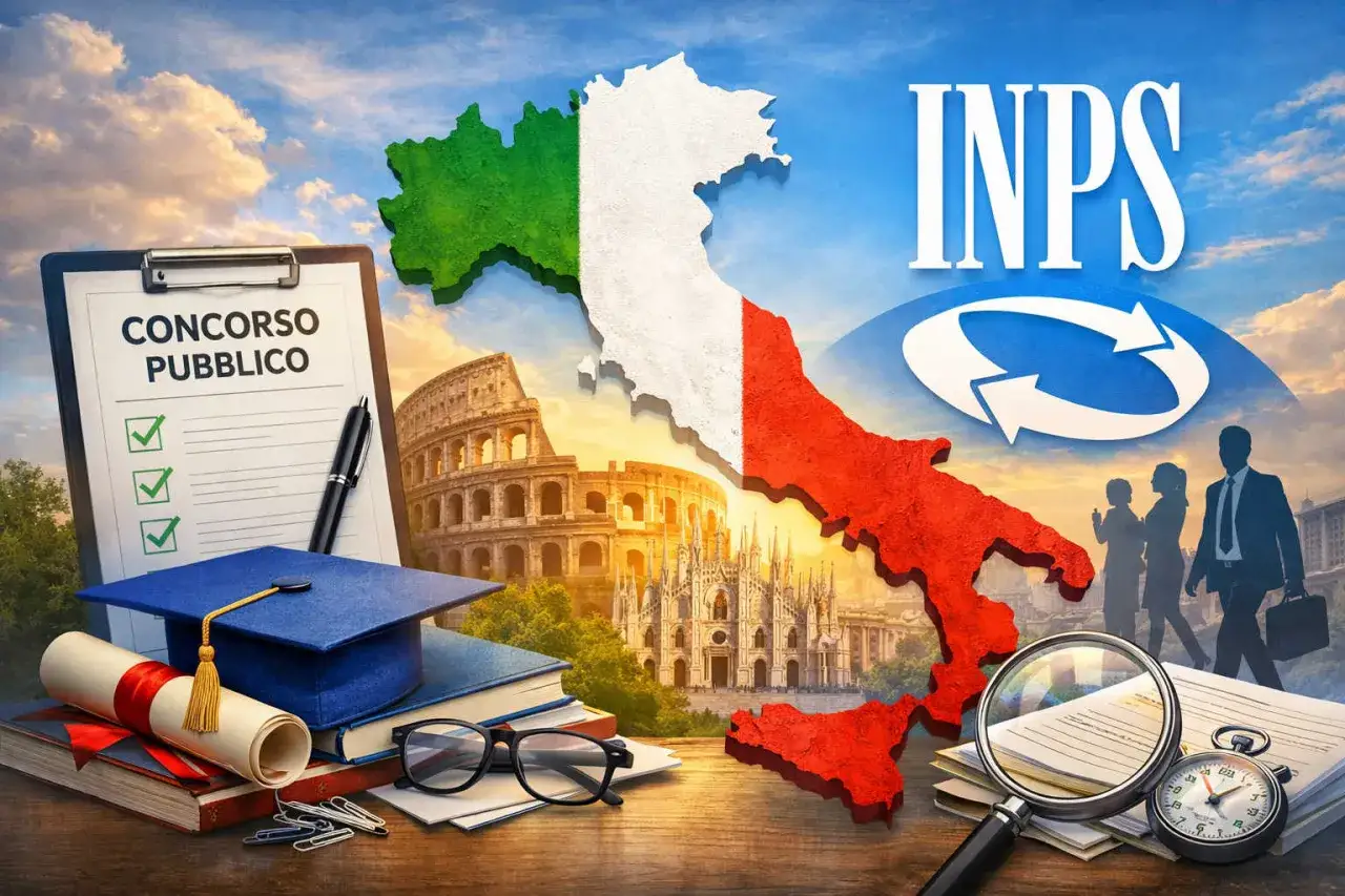 Bando di concorso pubblico INPS, con mappa Italia, Colosseo, Duomo di Milano, toga, diploma e lente d'ingrandimento. Concorsi per regione.