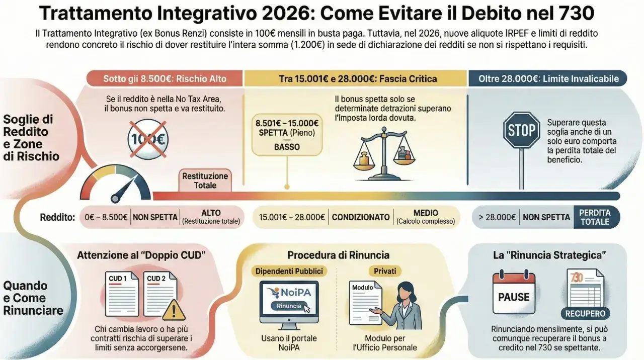 Evitare la rinuncia al trattamento integrativo: schematizza soglie di reddito, fasce critiche e procedure per non perdere il bonus.
