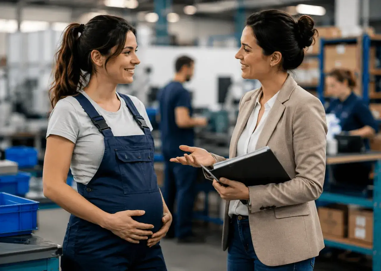 Due donne in un magazzino discutono di un contratto di sostituzione maternit&agrave;. Una &egrave; incinta e indossa una tuta da lavoro, l'altra tiene un quaderno.