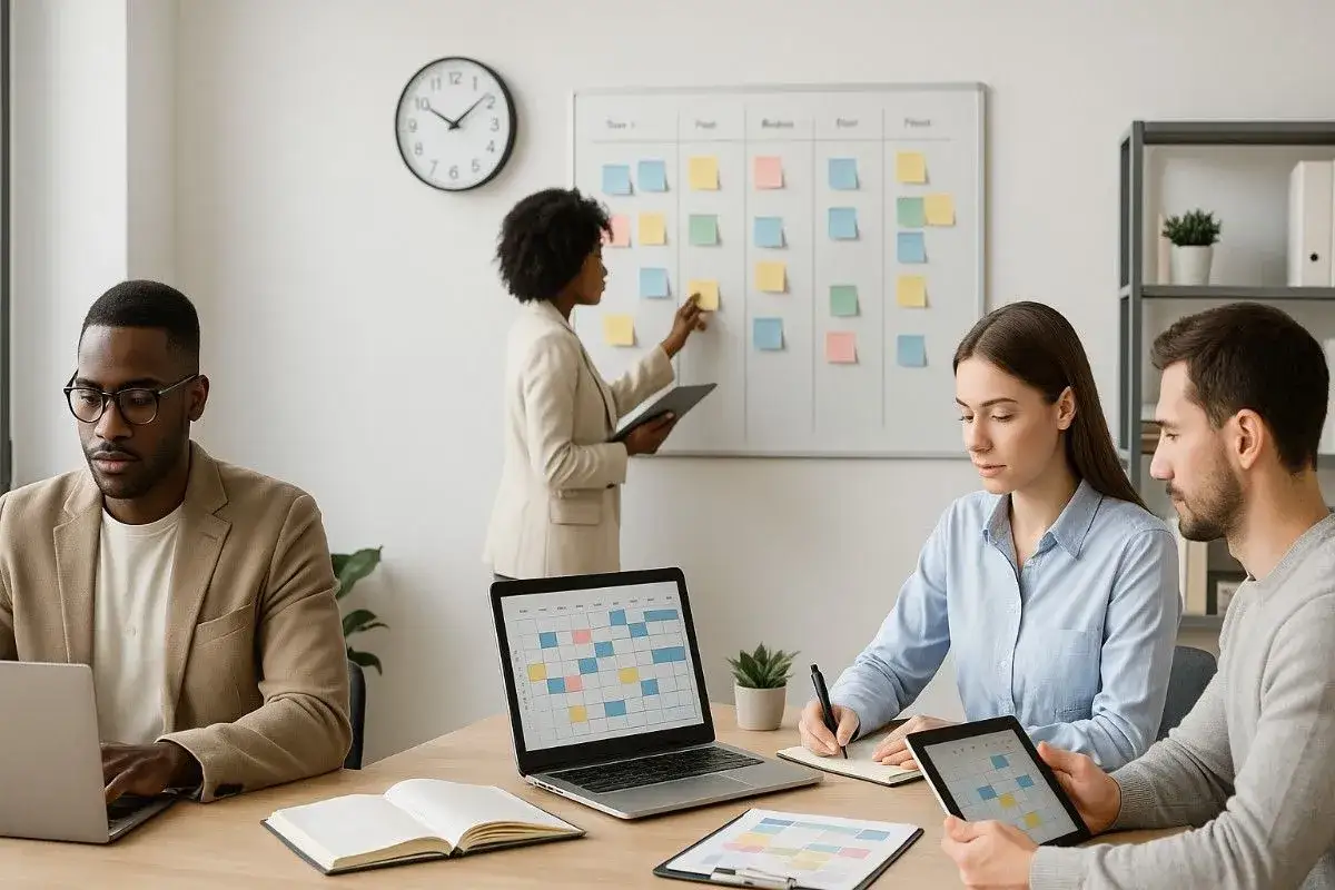 Team discute il time management significato, organizzando attivit&agrave; su una lavagna con post-it colorati.