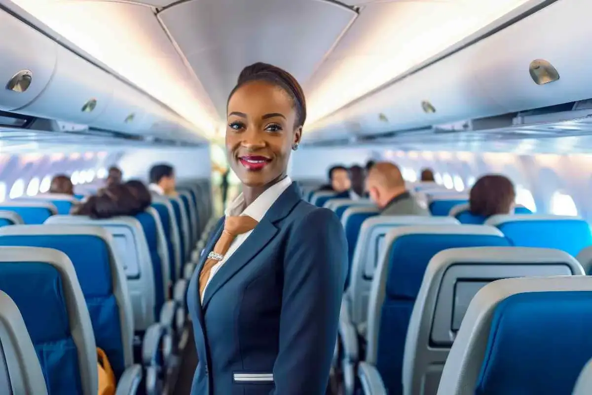 Hostess Ryanair sorridente in divisa, con passeggeri seduti sui sedili blu dell'aereo. Il suo stipendio &egrave; una ricompensa per il servizio.