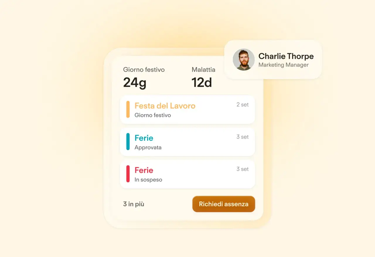 Charlie Thorpe, Marketing Manager, ha 24 giorni festivi e 12 di malattia. Le ferie approvate sono 3 giorni, altre 3 in sospeso.
