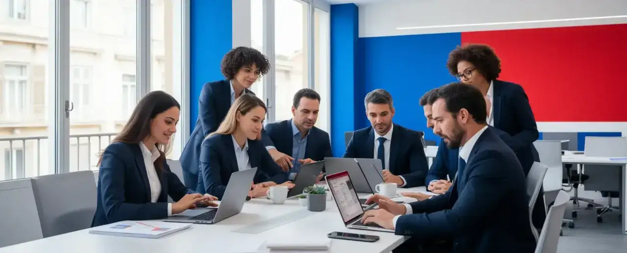 Team di professionisti discute di strategie aziendali e gestione delle risorse umane, analizzando dati sullo stipendio e performance.