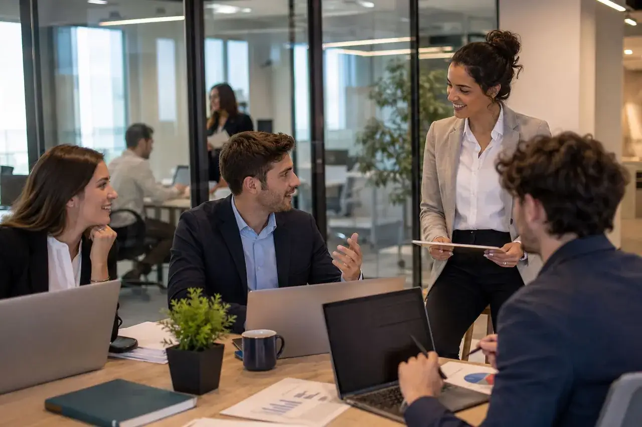 Un team discute in ufficio. La donna in piedi, forse un hr manager cosa fa, presenta dati. Tutti concentrati.