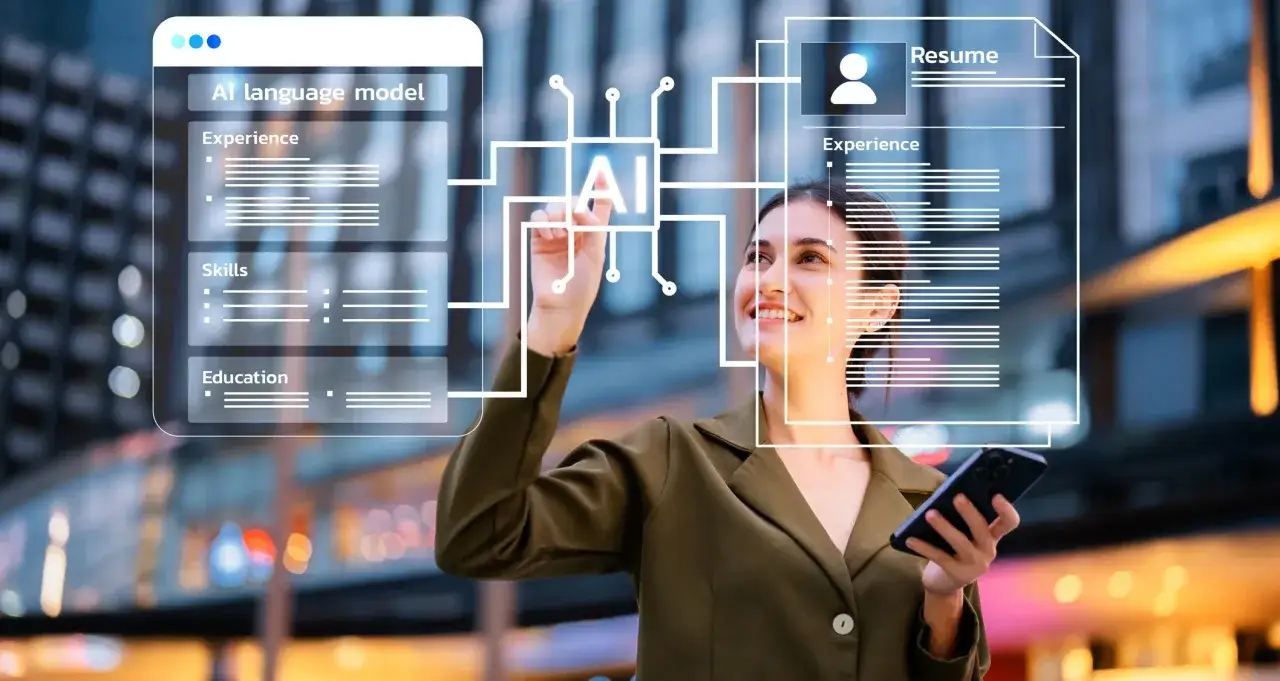 Donna interagisce con un'interfaccia AI che mostra un curriculum e dati di esperienza, riflettendo l'etica professionale significato nel mondo digitale.