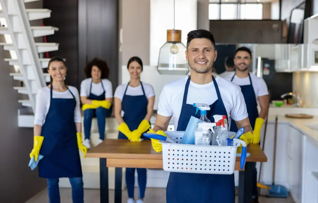 Team di addetti alle pulizie sorridenti, con cesto di prodotti. Il loro stipendio da addetto alle pulizie part time &egrave; meritato.