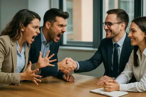 Due persone urlano e gesticolano mentre altre due si stringono la mano, mostrando una gestione dei conflitti efficace e un accordo raggiunto.