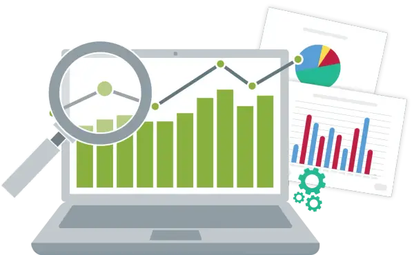 Analisi di grafici e dati su un laptop, con lente d'ingrandimento e ingranaggi, per monitorare gli indici di produttività.